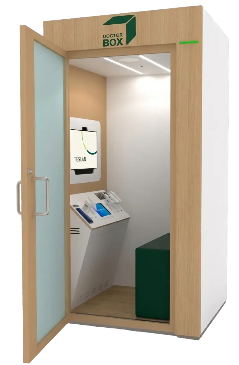 DoctorBox × Tessan Telemedizin-Kabine in deutscher Co-Branding-Ausführung — geöffnete Kabine mit Konsole und Display