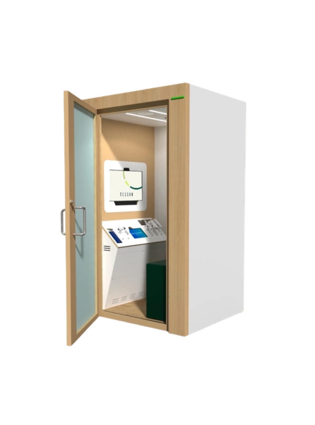 Tessan Uno-Telemedizinkabine, Tür offen mit Konsole und TESSAN-Display